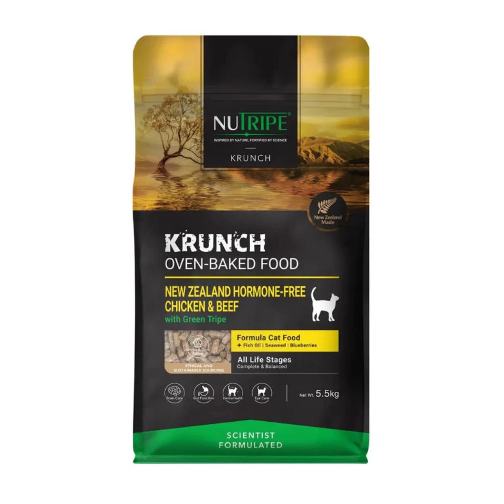 Nutripe Krunch Oven-Baked Dog & Cat Food with Green Tripe 1.6kg - 7kg - Complete & Balanced Crunchy Kibble CAT Chicken & Beef 5.5kg