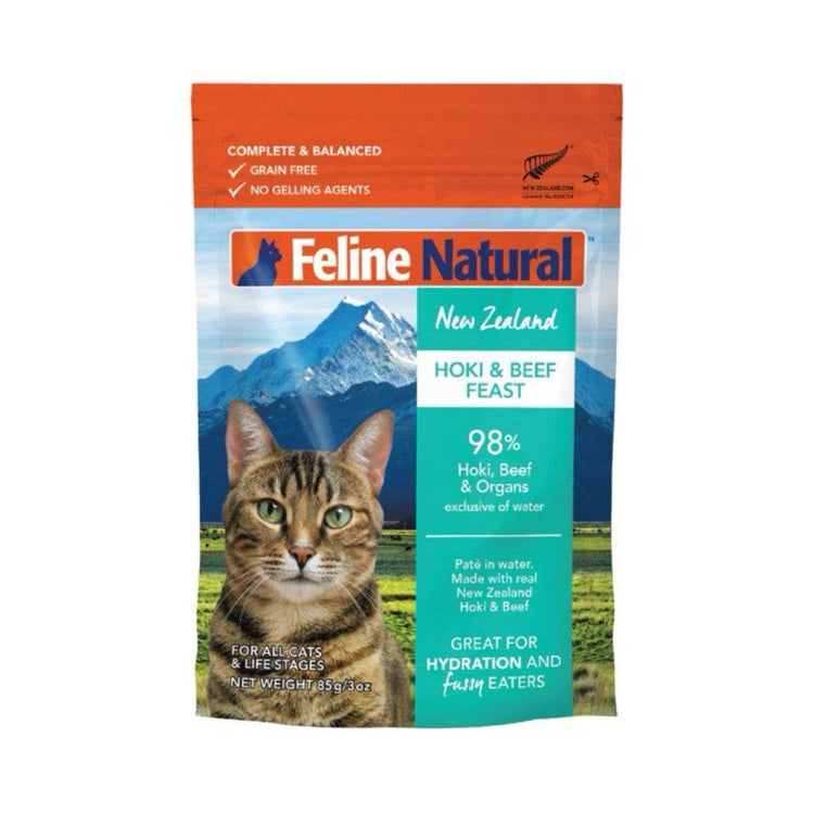 85g Feline Natural Pouched Wet Cat Food Hoki & Beef 85g