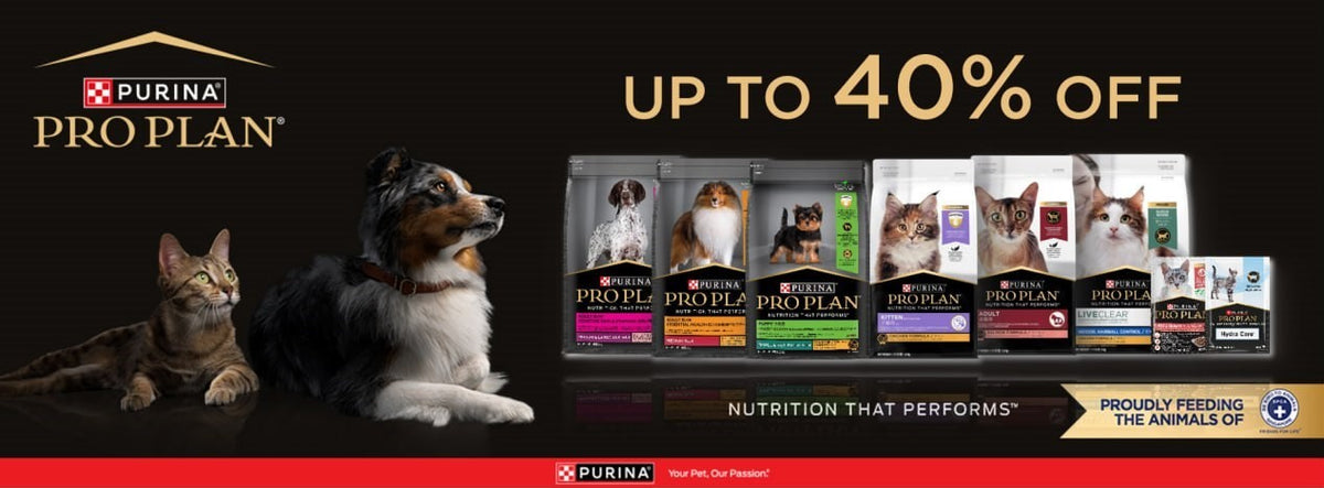 Promotional banner for Purina Pro Plan with a dog, cat, and various product packages on a black background.