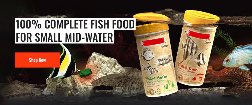 Three fish food containers with a promotional banner for aquarium food on a dark background.