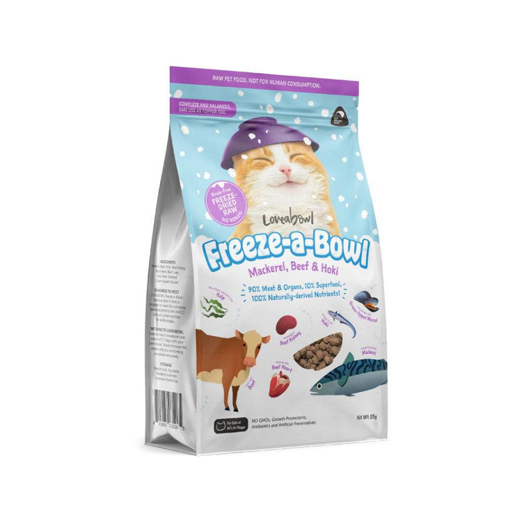 Loveabowl Freeze-a-Bowl Dried Cat Food 85g – Naturally Derived Nutrients Mack,Beef&Hoki 85g