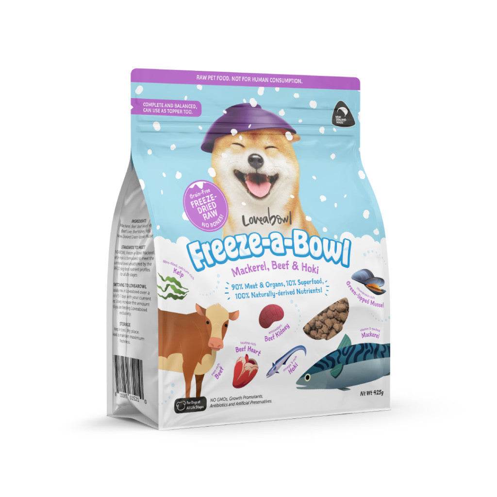 425g Loveabowl Freeze-a-Bowl Dried Dog Food Mack,Beef& Hoki 425g