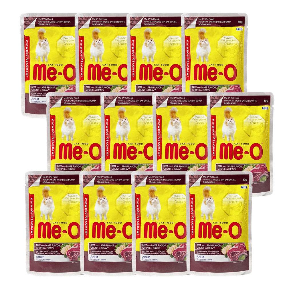 [12-Pack] Me-O Wet Cat Food 80g Pouch – Jelly, Gravy, Pate Beef & Lamb Gravy