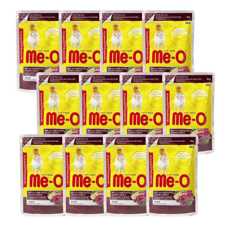 [12-Pack] Me-O Wet Cat Food 80g Pouch – Jelly, Gravy, Pate Beef & Lamb Gravy