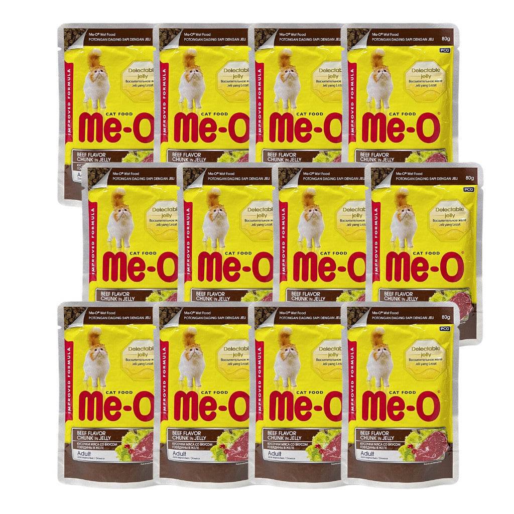 [12-Pack] Me-O Wet Cat Food 80g Pouch – Jelly, Gravy, Pate Beef Chunk Jelly
