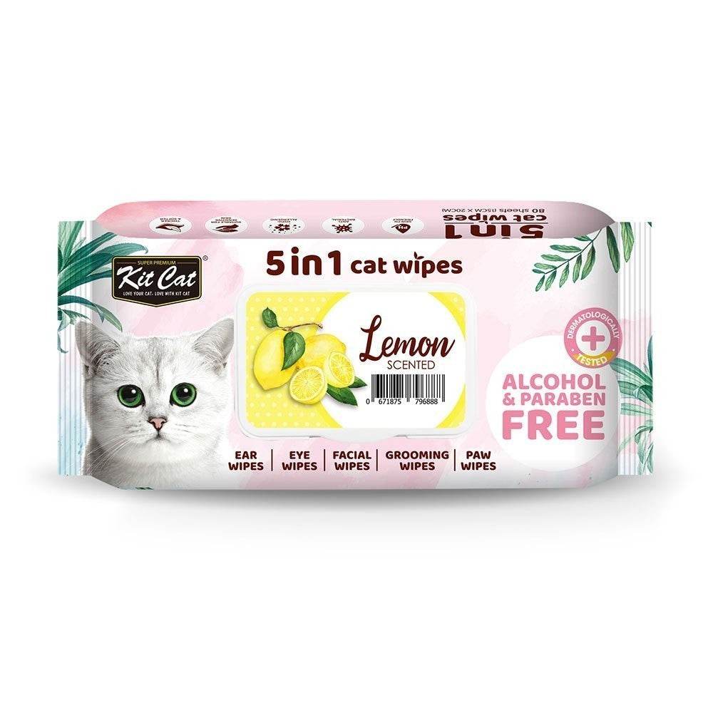 Kit Cat 5-in-1 Grooming Wipes 80 Sheets Lemon