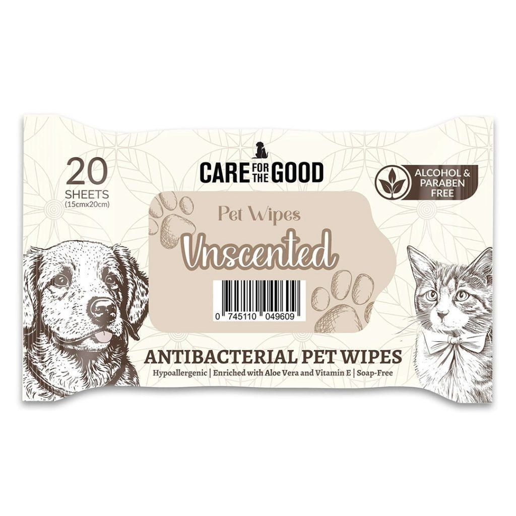 Care for the Good Pet Wipes 20/100 Sheets - Alcohol-Free, Paraben-Free, Antibacterial Unscented 20s