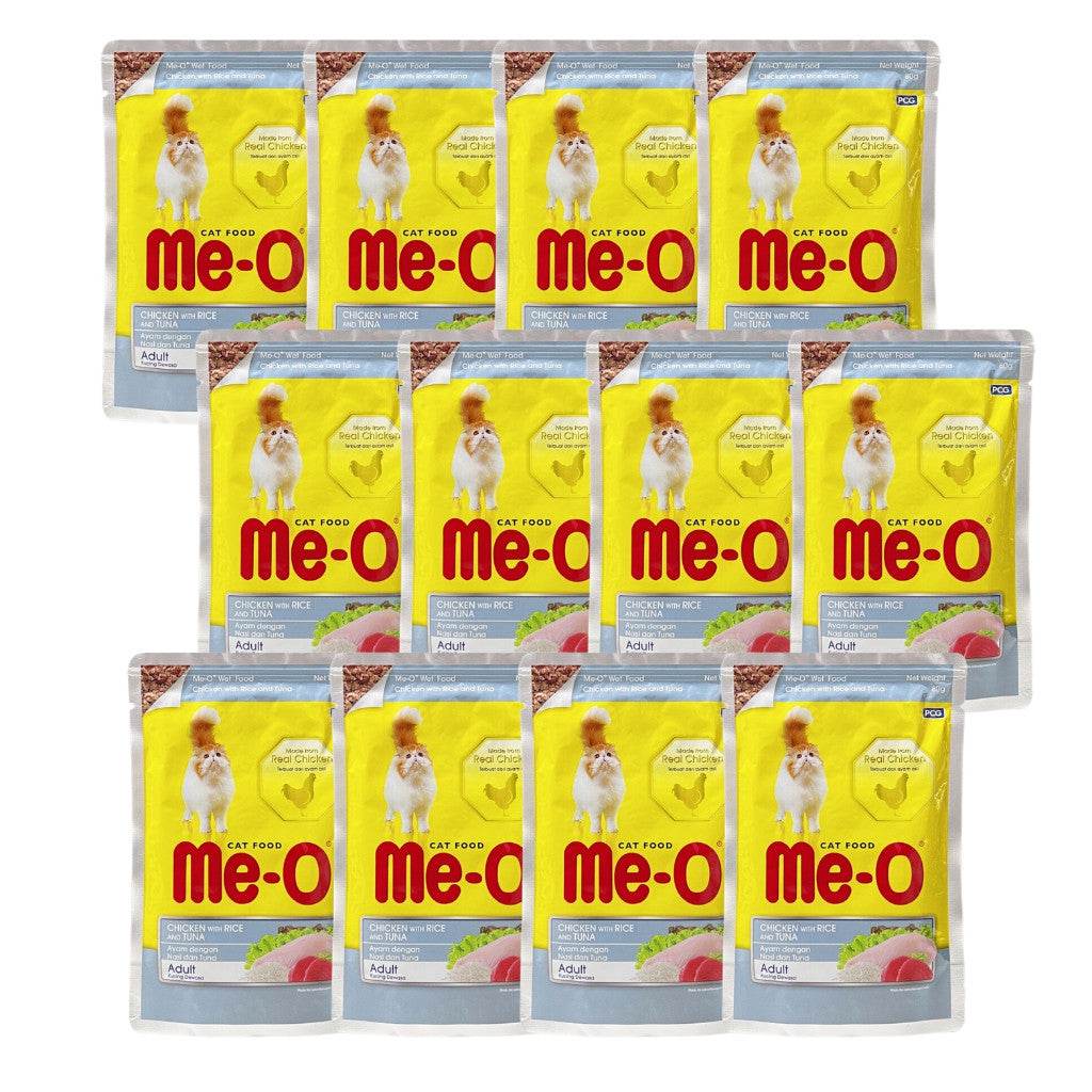 [12-Pack] Me-O Wet Cat Food 80g Pouch – Jelly, Gravy, Pate Chic w Rice & Tuna