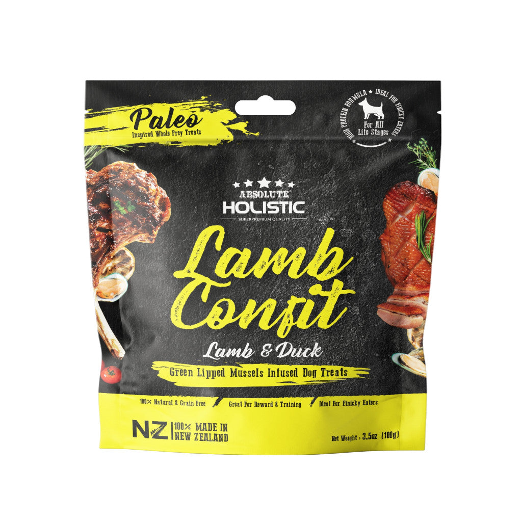 Absolute Holistic Air Dried Treats for Dogs 100g - Grain-Free High Protein Complete & Balanced Diet Lamb Confit