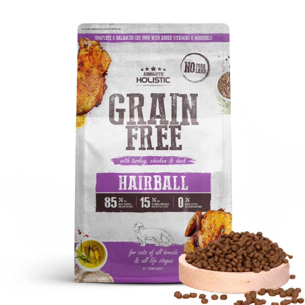 Absolute Holistic Grain Free Dry Food for Cats 3lbs - Hairball, Coat Care, Indoor, Urinary Health & Kitten Nutrition Hairball
