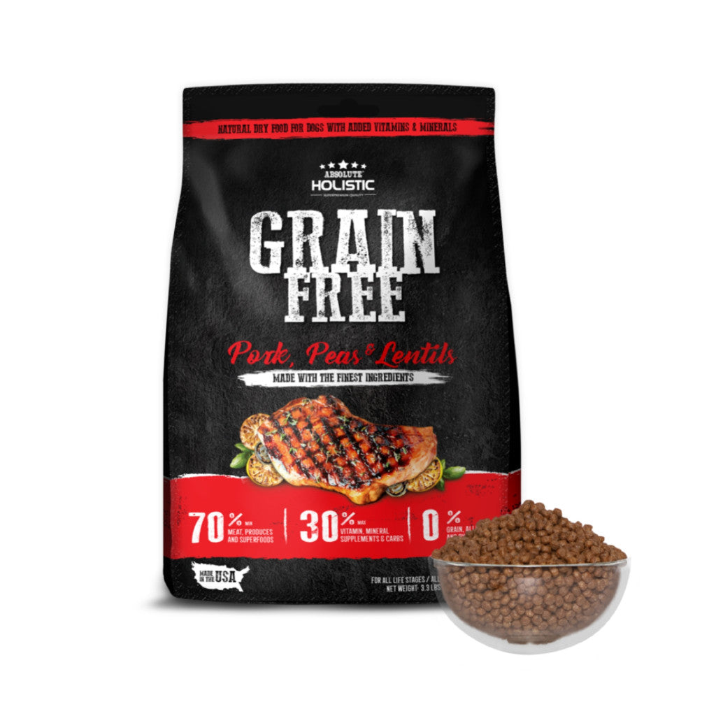 Absolute Holistic Grain Free Dry Dog Food 3.3lbs / 22lbs - High Protein Complete & Balanced For Dogs Pork & Peas 3.3lbs