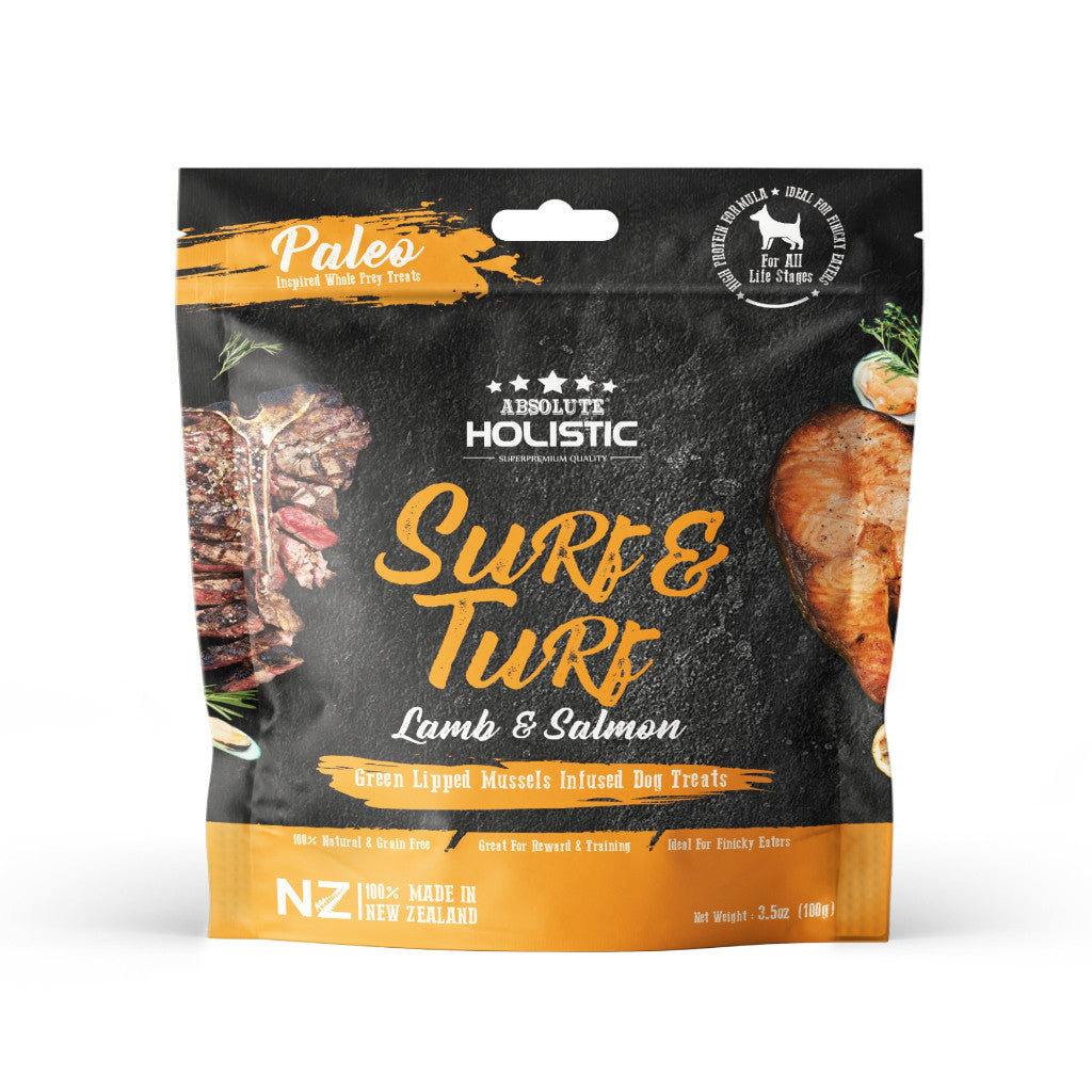 Absolute Holistic Air Dried Treats for Dogs 100g - Grain-Free High Protein Complete & Balanced Diet Surf & Turf