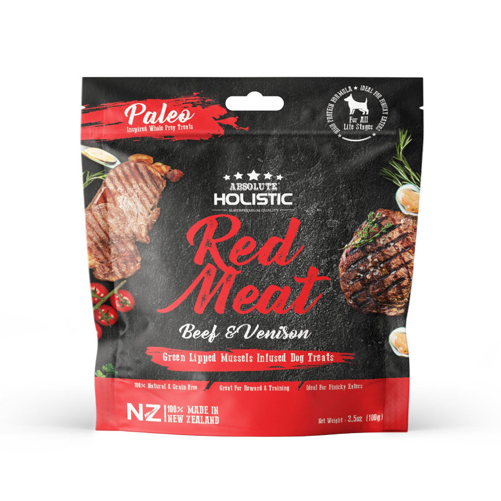 Absolute Holistic Air Dried Treats for Dogs 100g - Grain-Free High Protein Complete & Balanced Diet Red Meat