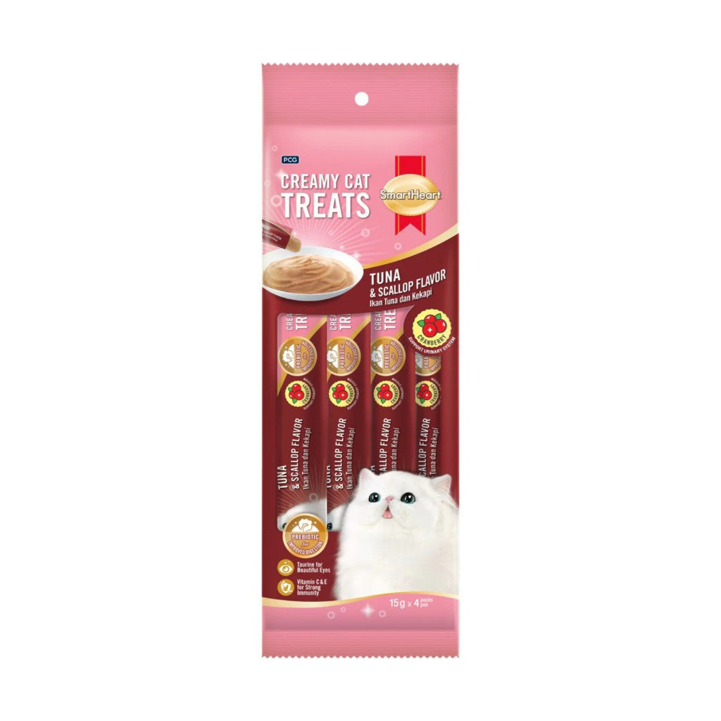 SmartHeart Creamy Cat Treats 15g x 4 Sticks – Nutritious Training Cat Snack Cranberry Tuna & Scallop