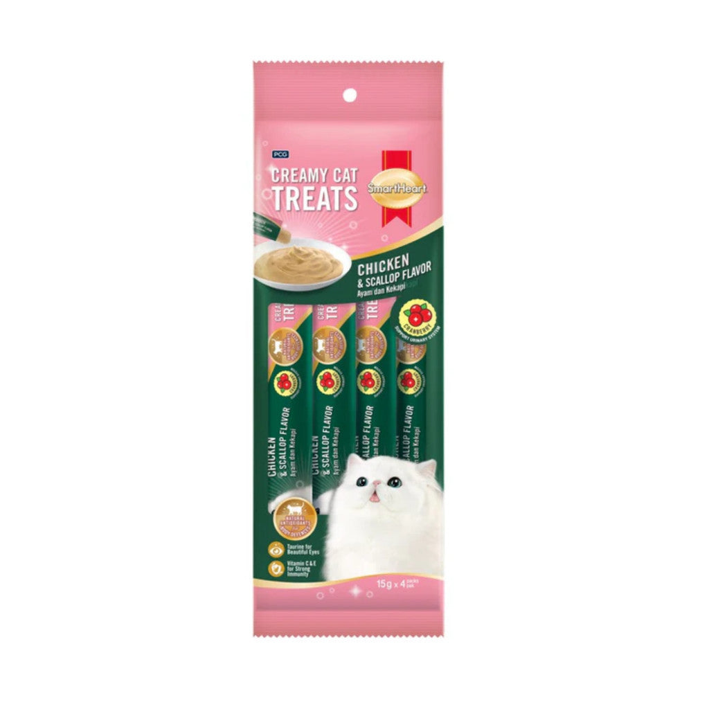 SmartHeart Creamy Cat Treats 15g x 4 Sticks – Nutritious Training Cat Snack Cranberry Chicken & Scallop
