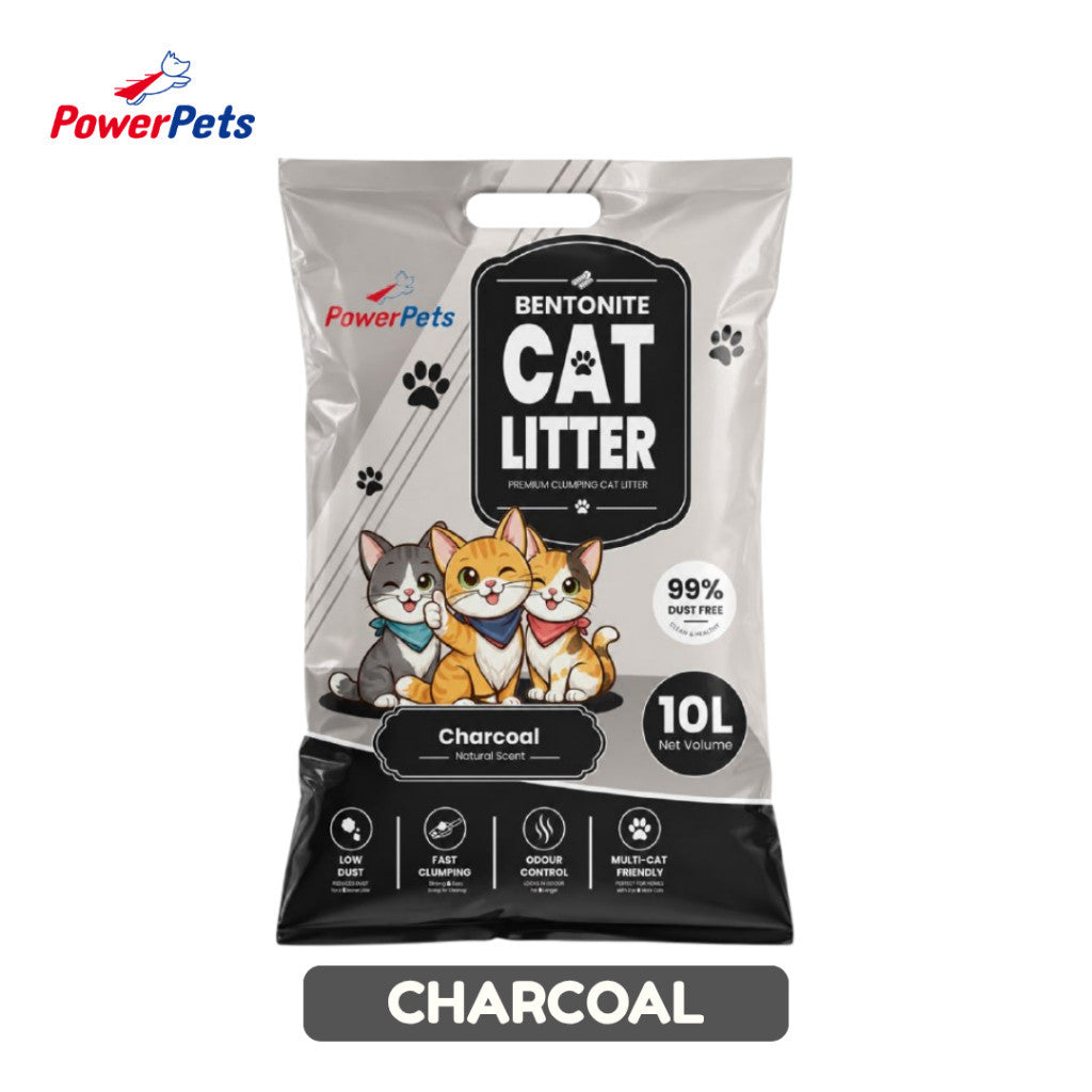 Powerpets Bentonite Cat Litter 10L - Deodorizing Natural Fast Clumping Low Dust Easy Absorbent Charcoal