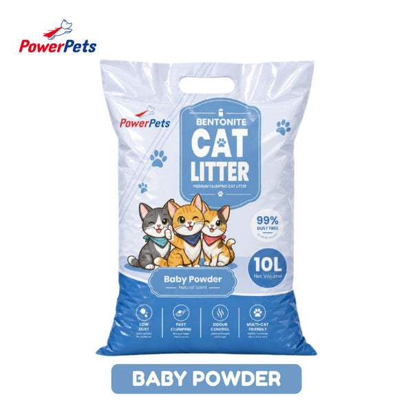 Powerpets Bentonite Cat Litter 10L - Deodorizing Natural Fast Clumping Low Dust Easy Absorbent Baby Powder