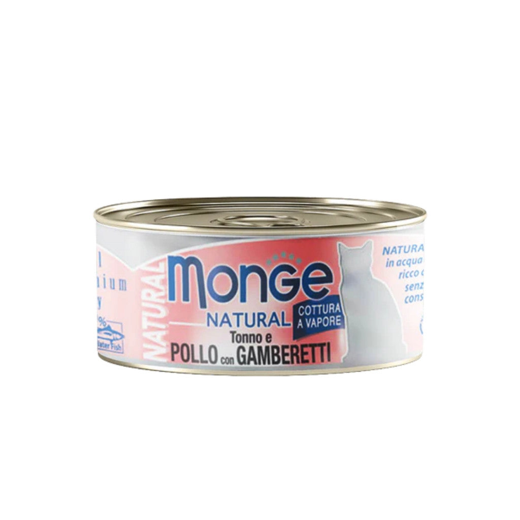 Monge Cat Wet Canned Food 80g – Natural Delicate Jelly Formula, Complete & Balanced Meal Tuna & Chicken with Shrimps