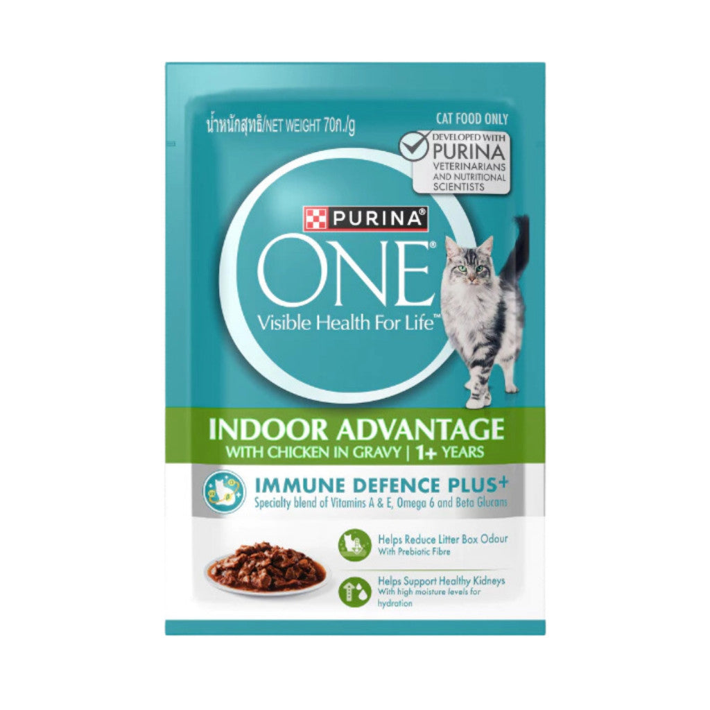 [Bundle of 12] Purina ONE Wet Cat Food Pouch 70g – Tender Meat in Gravy Indoor Advantage