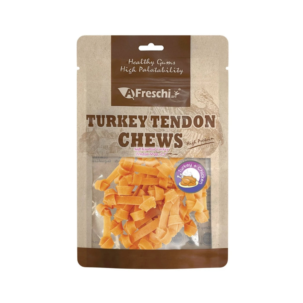 Afreschi Natural Turkey Tendon Dog Chews – Long-Lasting Dental Treats for Dogs Soft Knotted Strip