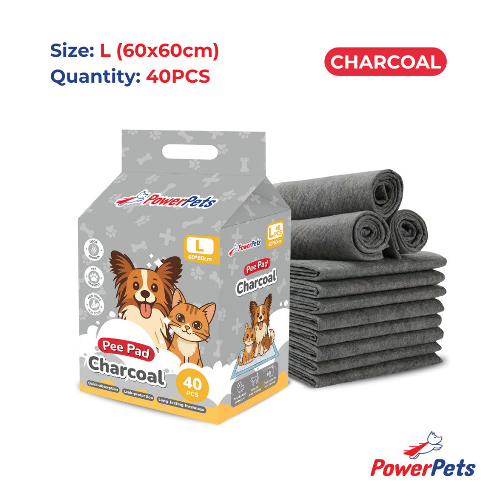 PowerPets Pet Pee Pad Original & Charcoal - Absorbent Odor Control Training Pad Sizes S–XL Char L: 60x60cm 40s